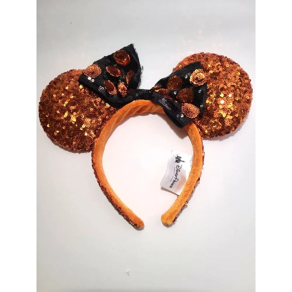 Tokyo Disney Resort Ears Head Band Sequins Orange Black Ribbon dot Halloween